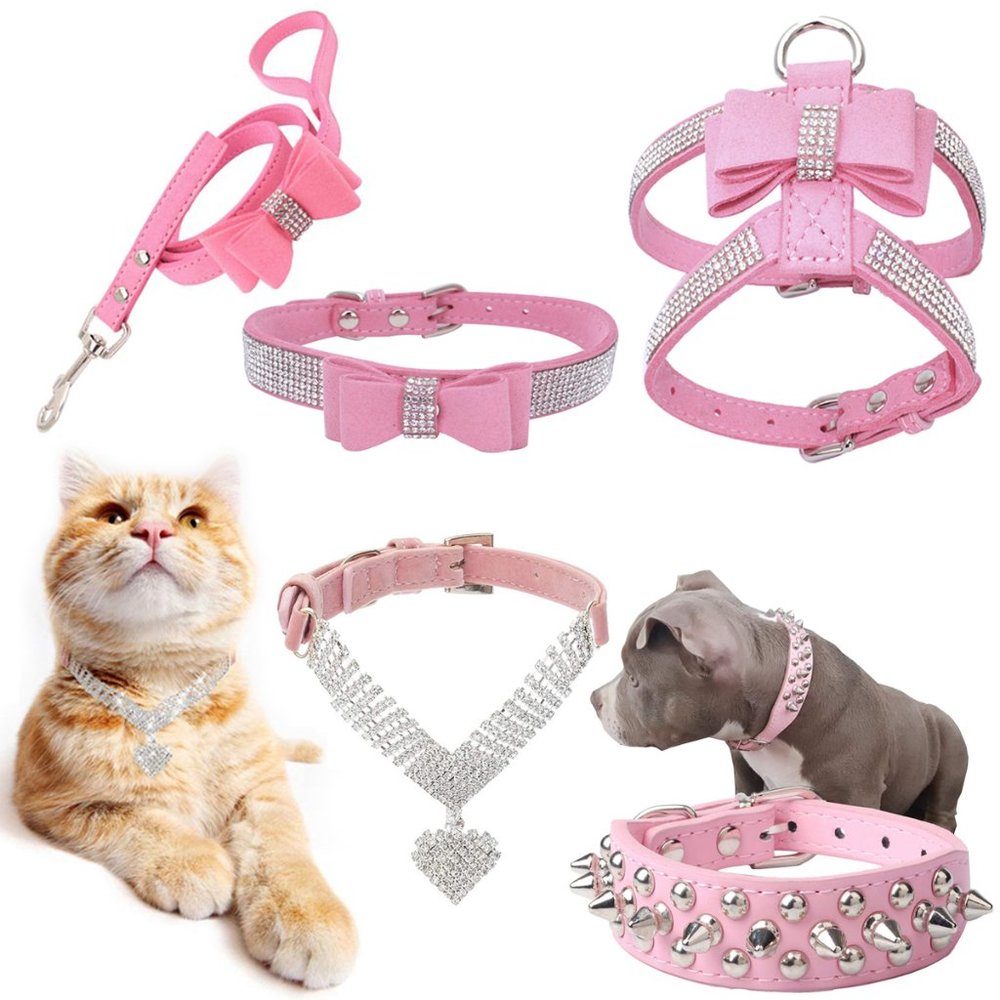 -5PCS Cute Adjustable Crystal Pet Puppy Cat Collar SetSize:Pink